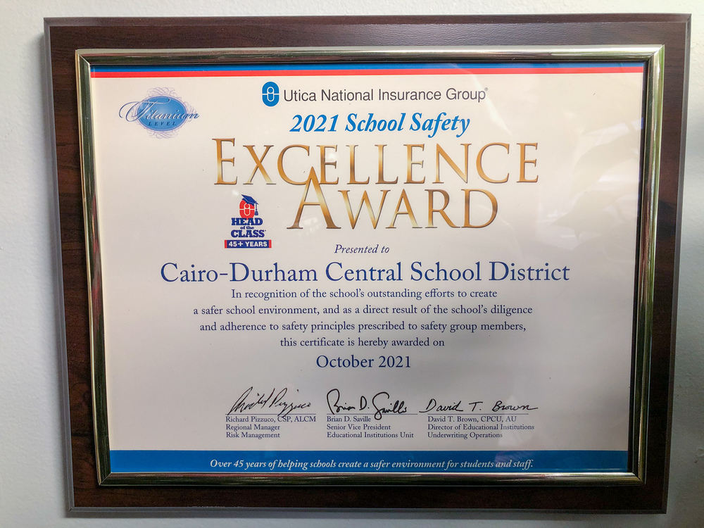 framed certificate of 2021 School Safety Excellence award presented to Cairo-Durham Central School District