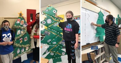 photo collage of three photos showing fifth grade students next to tall paper Christmas trees they created