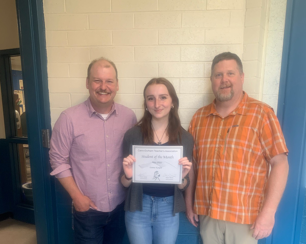 Mr. Pangburn, sophomore Emma Kargoe holding a certificate, and Mr. Hanley