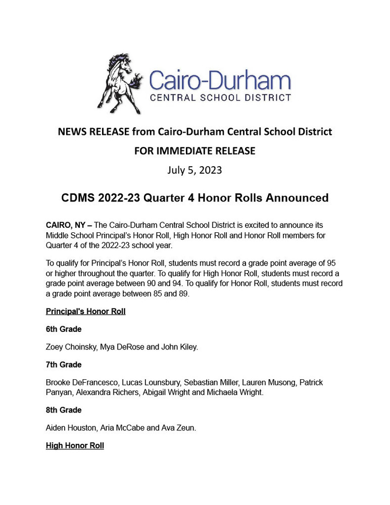 CDMS Q4 Honor Rolls Announced