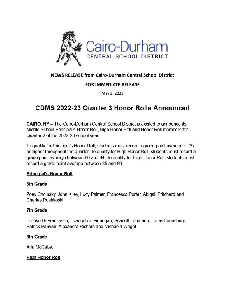 CDMS Quarter 3 Honor Rolls
