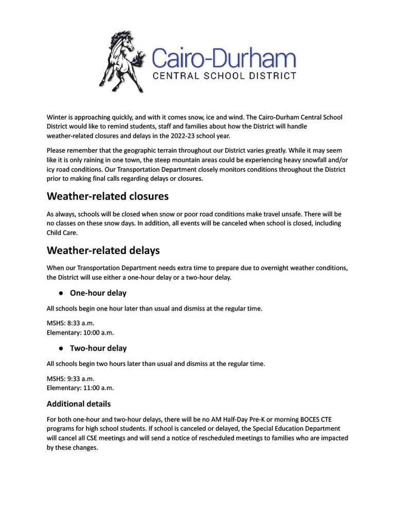 Winter Weather Information 2022-23 Letter