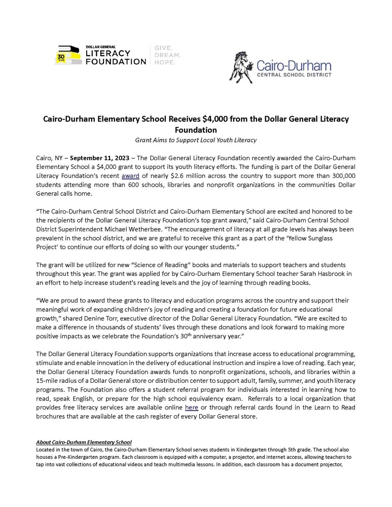 Press Release CDES Receives Dollar General Literacy Grant
