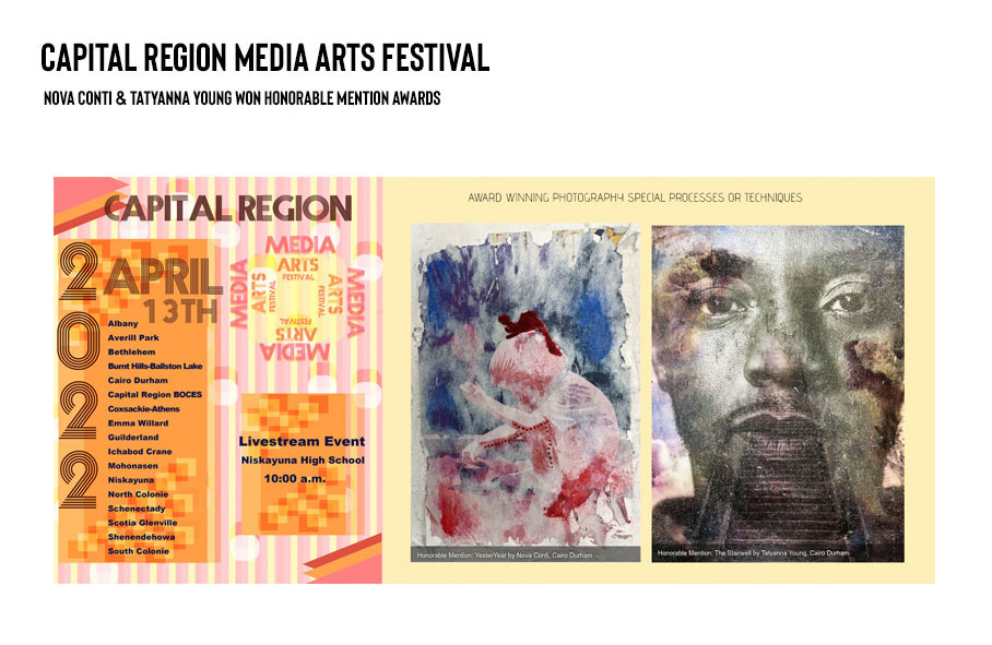 flyer for Capital Region Media Arts Festival and Exhibition and two images of digital photographs by CDHS art students