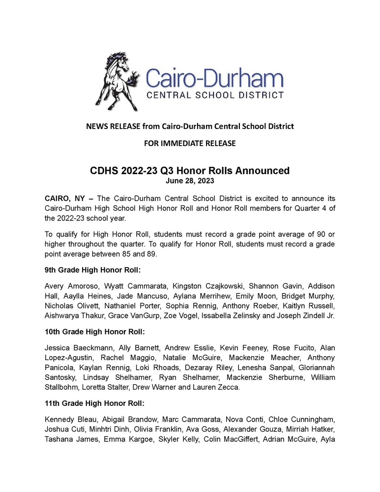 CDHS Q4 Honor Rolls Announced