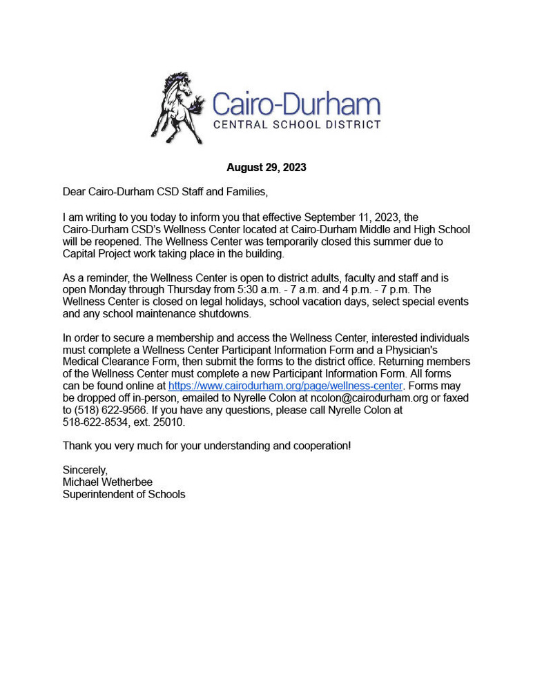 Wellness Center Reopening Letter