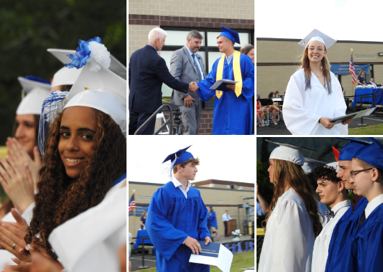 photo collage of students in caps and gowns at outdoor graduation ceremony