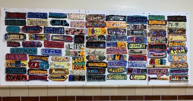 hand painted name plaques on school  hallway wall