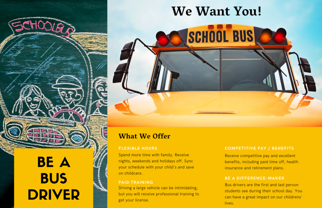 be a bus driver, flexible schedule, benefits, paid training, make a difference in the lives of children