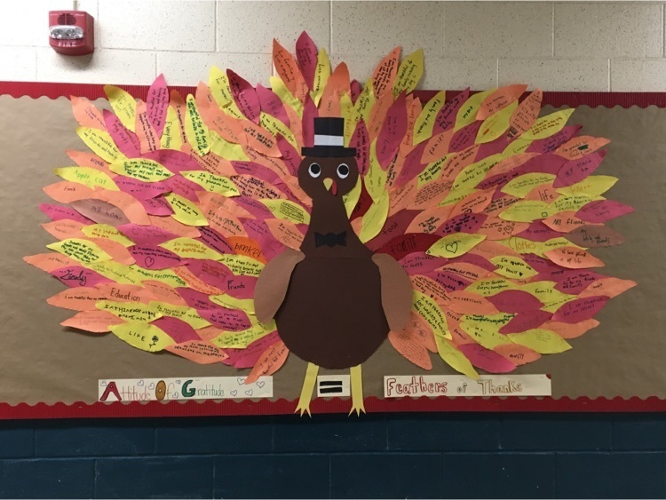 A paper turkey with feathers listing things to be grateful for