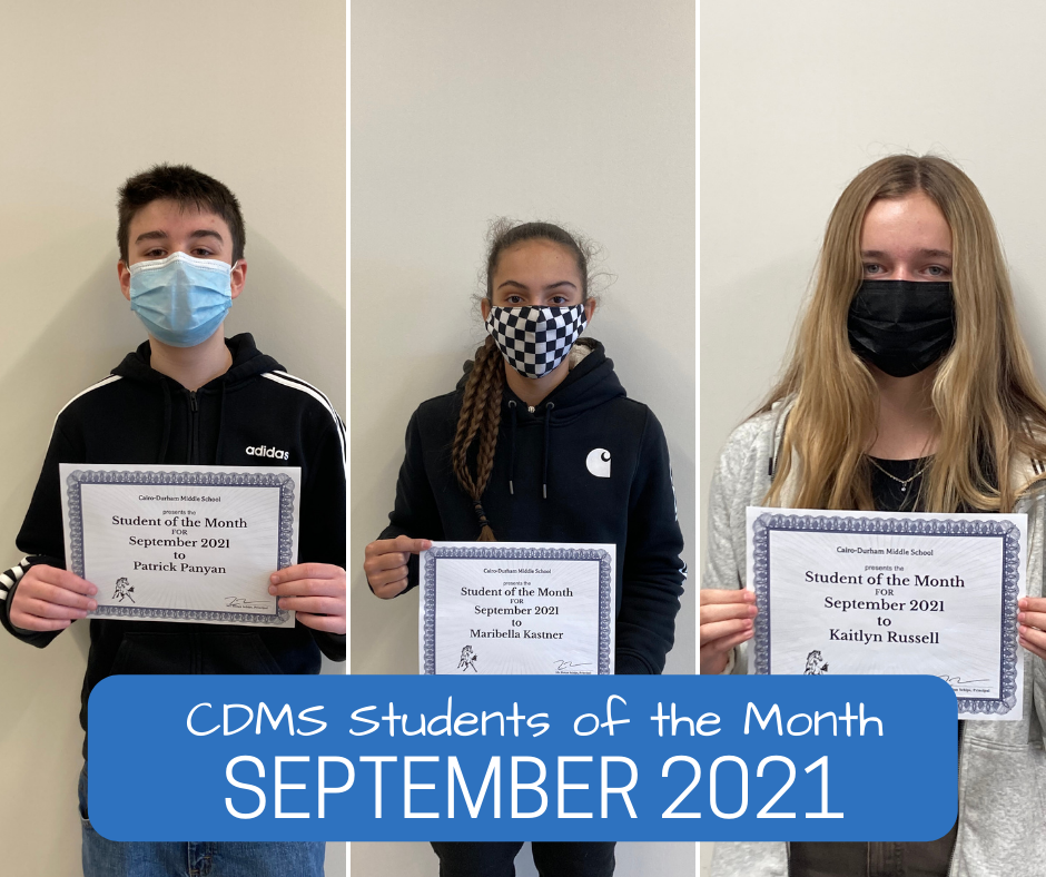 photo grid of three middle school students holding Student of the Month September 2021 certificates