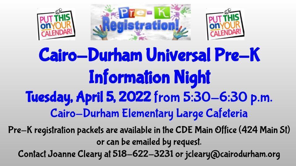 pre-kindergarten info night april 5, 2022 contact elementary school office 