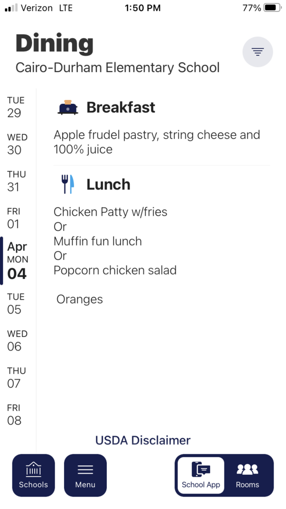 breakfast and lunch cafeteria menu