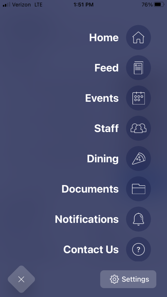 screenshot of app menu
