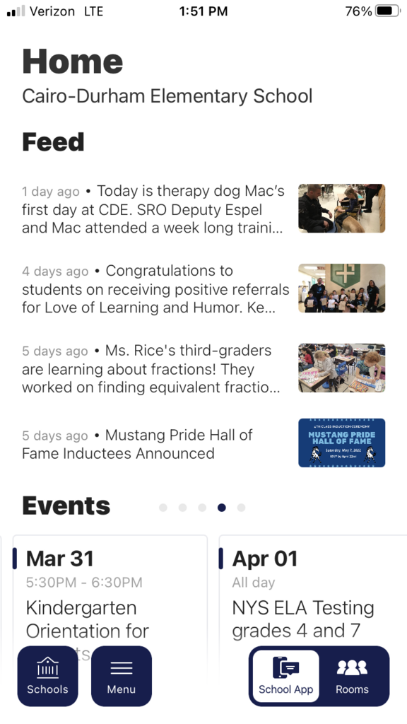 screenshot of app news feed with blurbs and photos of school news and events