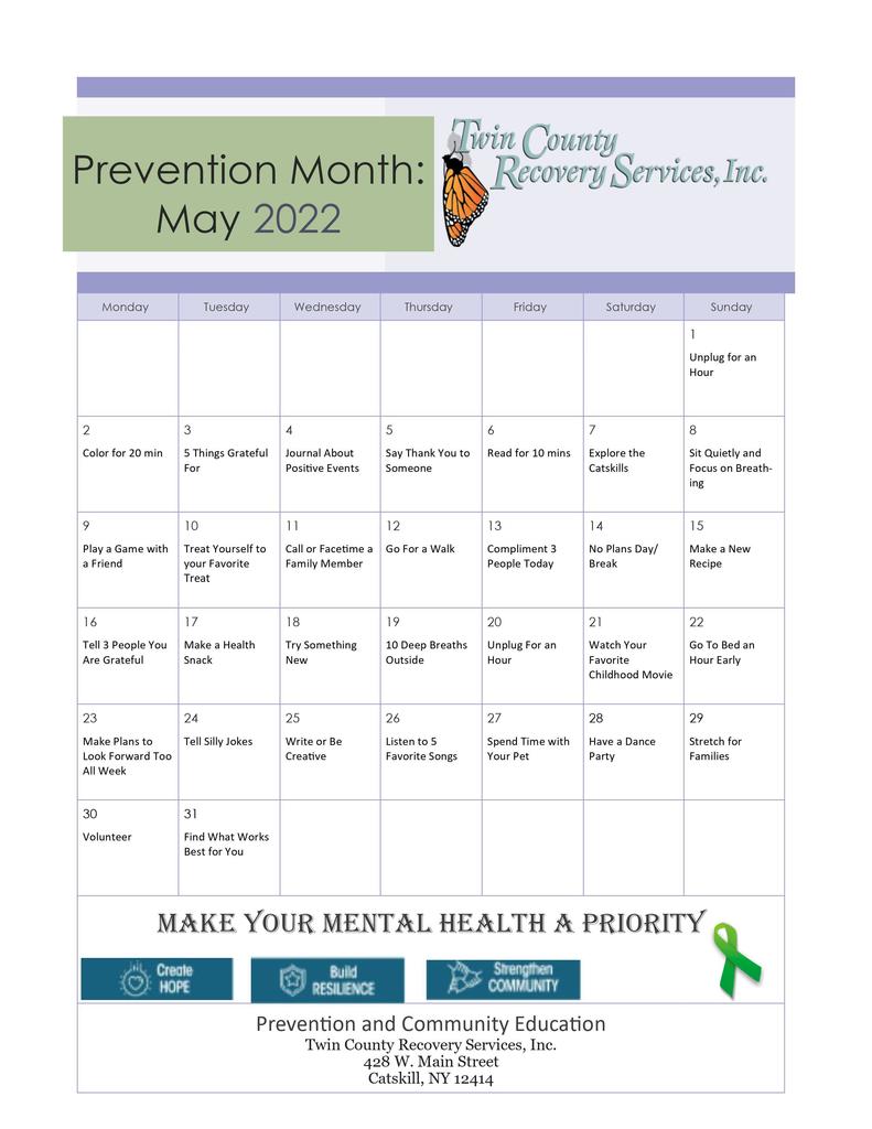 A prevention month calendar with one activity for each day, like "Try something new" and "33 deep breaths outside"
