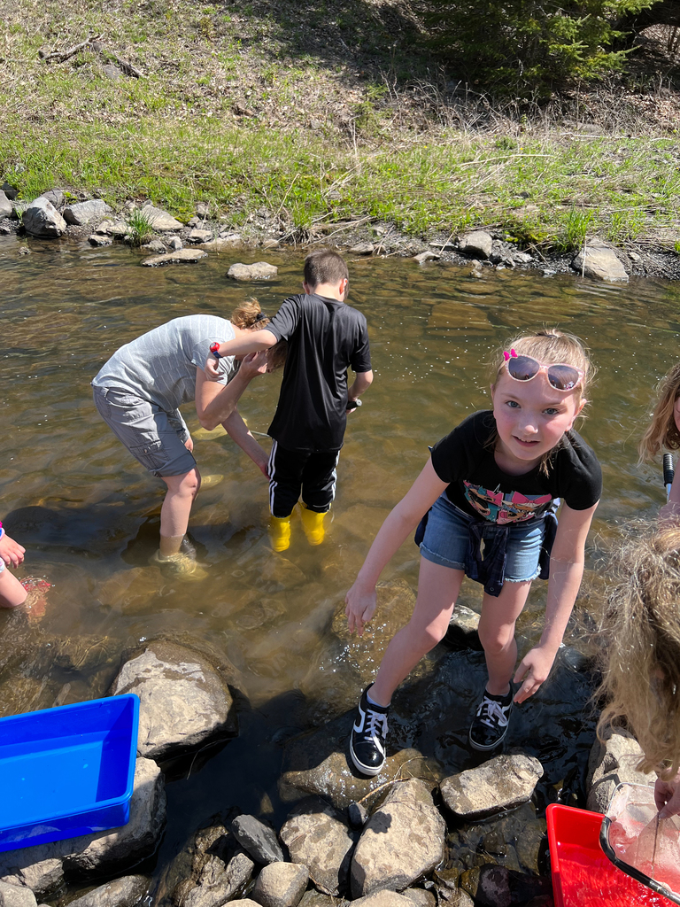three elementary students wading in creek water