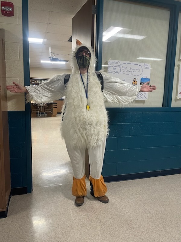 teacher Mr. Joshua Yaple at school dressed in a chicken costume