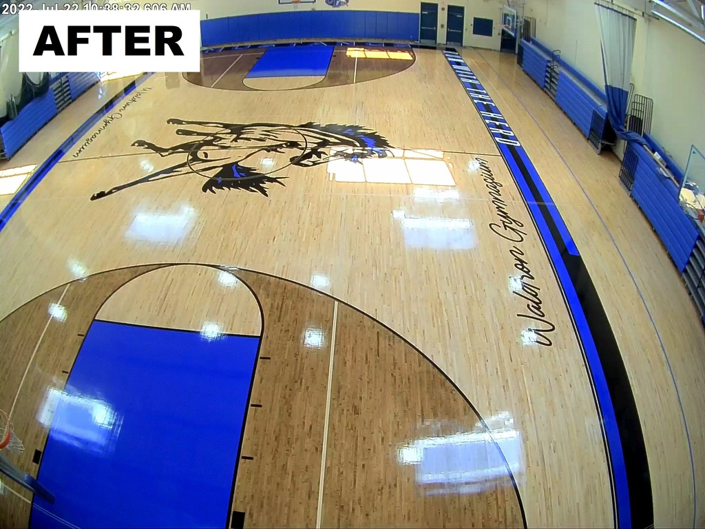 newly re-done gym floor with multi-colored finish, blue paint and large Mustang mascot logo in center court