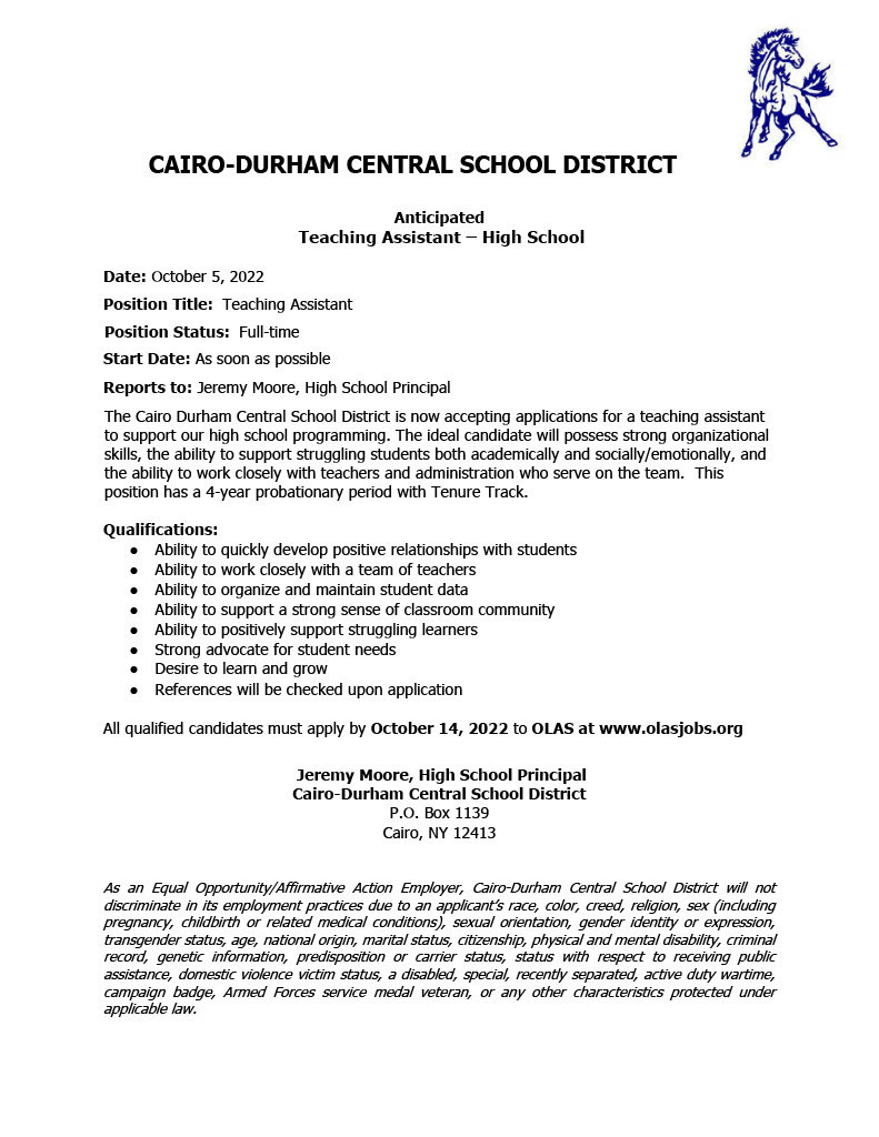 10/5 HS Teaching Assistant Posting