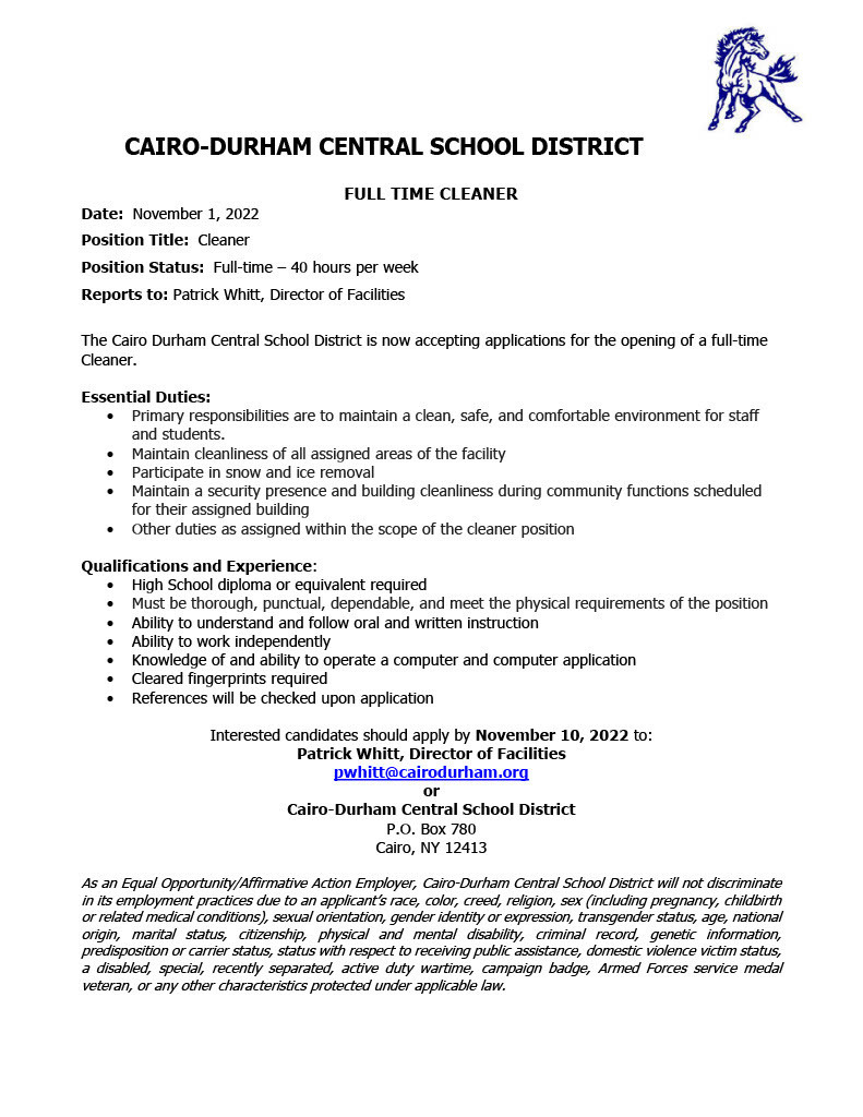 Full Time Cleaner Job Posting